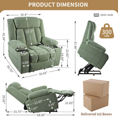 Power Lift Recliner Chair for Elderly,Fabric Lift Chairs for Living Room w/ Extended Footrest,Classic Single Sofa,Home Theater Seating with 2 Cup Holders,Side Pockets,Remote Control(Dark Green)