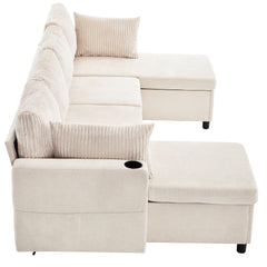 113.4" Sectional Sofa Pull-out Sofa Bed Versatile Sofa Sleeper with Large Storage Space, Two USB Ports and Two Cup Holders for Living Room, Beige