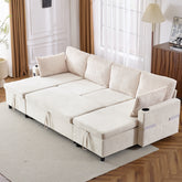 113.4" Sectional Sofa Pull-out Sofa Bed Versatile Sofa Sleeper with Large Storage Space, Two USB Ports and Two Cup Holders for Living Room, Beige