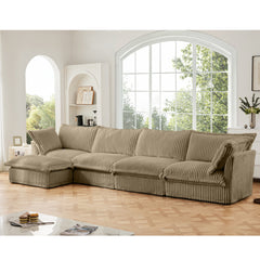 Slipcovered L Shape Sectional Long Sofa Couch, 4 Seater Sofa with Suppleness Armrests,Deep Seat Sofa with 2 Big Pillows, Comfy Couch for Living Room, Apartment, Camel Corduroy Fabric