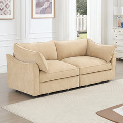 2-seater sofa with pull-out storage drawers under each seat wraparound back and arm cushions featuring crescent-shaped armrests chenille wheat colour