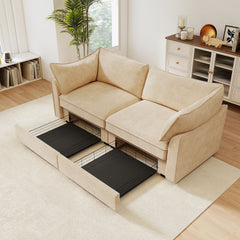 2-seater sofa with pull-out storage drawers under each seat wraparound back and arm cushions featuring crescent-shaped armrests chenille wheat colour