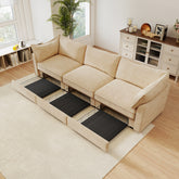 3-seater sofa, with a pull-out drawer under each seat, designed with crescent-shaped armrests, and equipped with wraparound back and arm cushions, chenille fabric, wheat colour.