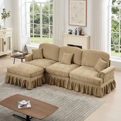 Mid Century Three Seater Modular L Shaped Sectional Couch with Flared Arms and Removable Ruffles Pleats Skirts and Spindle Legs, Comfy Chenille 3-Seat Deep Seat Sofa with Movable Ottoman,Light Coffee
