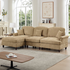 Mid Century Three Seater Modular L Shaped Sectional Couch with Flared Arms and Removable Ruffles Pleats Skirts and Spindle Legs, Comfy Chenille 3-Seat Deep Seat Sofa with Movable Ottoman,Light Coffee