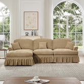 Mid Century Three Seater Modular L Shaped Sectional Couch with Flared Arms and Removable Ruffles Pleats Skirts and Spindle Legs, Comfy Chenille 3-Seat Deep Seat Sofa with Movable Ottoman,Light Coffee