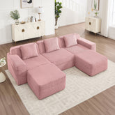 Modular 3 Seat U Shape Sectional Boneless Sofa, Cloud Sectional Couch with Deep Seat, Modern Modular 3-Seat Sofa Couch with Throw Pillows and 2 Movable Ottomans, Corduroy Fabric Pink