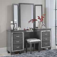 Modern Glam Bedroom Furniture 1pc Vanity Stool Luxury Gray Finish Faux Leather Tufted Seat Foam Cushion