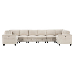 8-Piece Modular Sectional with Storage Seats, Side Pockets, Charging Ports Beige Corduroy Fabric Modern Living Room Sectional Couch Solid Wood Furniture