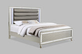 Modern Glam Style Champagne Finish King Size Panel Bed White & Blue LED Light Mirror Accents Faux Leather Upholstery Solid Wood Wooden Bedroom Furniture
