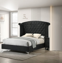 1pc Glam Upholstered King Bed Button-Tufting Wing Back Headboard Button Tufted Bedroom Furniture Wood Metal Fabric Black