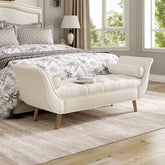 Upholstered Velvet Bench, End of Bed Bench with 2 Pillows, Upholstered Button Tufted Ottoman,Footstool with Rolled Arms, Foot Rest with Solid Wood Legs, for Entryway, Living Room ,Dining Room,Beige