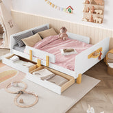 Full Size Platform Bed with Storage Drawers, Solid Wood Beds Frame with Bed Guardrail, Small Shelf, and Hooks, No Box Spring Needed, White