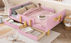 Full Size Platform Bed with Storage Drawers, Solid Wood Beds Frame with Bed Guardrail, Small Shelf, and Hooks, No Box Spring Needed, Pink