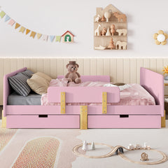 Full Size Platform Bed with Storage Drawers, Solid Wood Beds Frame with Bed Guardrail, Small Shelf, and Hooks, No Box Spring Needed, Pink