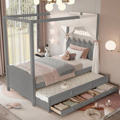 Twin Platform Bed with Upholstered Headboard,Twin Size Trundle and 3 Drawers,Princess Canopy Bed Frame for Kids,Storage & Easy Assembly,Gray