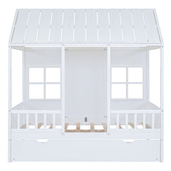 Full Size Wood House Bed With Twin Size Trundle, Wooden Daybed, White