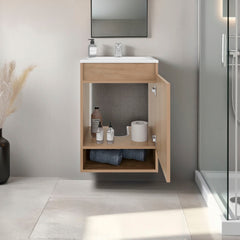 Natural Oak 2-Door Wall-Mounted Bathroom Vanity with Sink and Open Shelf