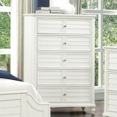 Coastal Transitional Style Chest Antique White Finish English Dovetail Drawers Ball Bearing Glides Round Knobs Drawers Handles Bedroom Furniture