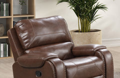 Transitional Style Recliner With Oversized Handle Nailhead Arms Top Pillow Brown Finish Primary Living Room