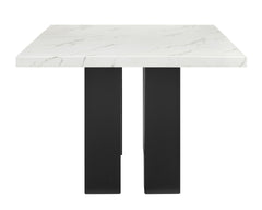 7pc Dining Set White Rectangular Marble-like Tabletop Dark-finished Base Upholstered Chairs Soft Wooden Dining Room Furniture