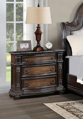 1pc Marble Top Three Drawers Nightstand Intricate Moldings Beautifully Antiqued Hardware Curved Silhouette Bedroom Solid Wood Furniture Coffee Brown Finish