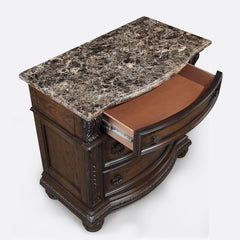 1pc Marble Top Three Drawers Nightstand Intricate Moldings Beautifully Antiqued Hardware Curved Silhouette Bedroom Solid Wood Furniture Coffee Brown Finish