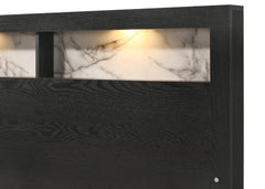 1pc King Size Panel Bed Headboard with LED Sleek Sloping Design Extra Storage Space Black Finish Wooden Furniture