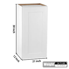 Single Door Shaker Cabinet: 21" White Solid Wood with Soft-Close Door,2 Adjustable Shelves. Space-Saving Storage for Small Kitchen, Bathroom, Laundry Nook, Garage (Easy Assembly, 21"W x 12"D x 30"H)