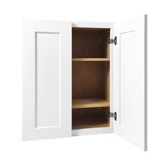 27 Inch White Shaker Double Door Wall Cabinet Solid Wood with 2 adjustable shelves Ready to Assemble for Kitchen,Bathroom,Laundry and Garage Storage(27"W×12"D×30"H)