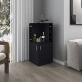 FM FURNITURE Toyei Corner Bar Cabinet with Bottle Rack, Open Shelves, and Hidden Storage, Black