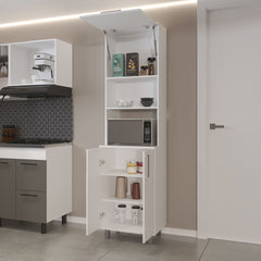 Kayenta Kitchen Pantry with 2 Pneumatic Door, Open Storage, and Bottom Cabinet, White.