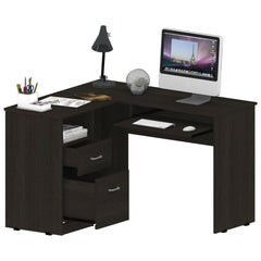 L-Shaped Desk, Keyboard Tray, Two Drawers, One Open Shelf, Black