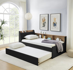Twin Size Upholstery Velvet Height Adjustable Day Bed with Storage Headboard and Wireless Charging, Multi-functional Daybed with Trundle Bed & LED Lights, Black