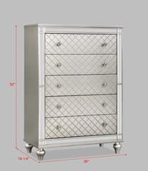 1pc Glam 5-Drawer Bedroom Chest Diamond Patterned Drawer Fronts Silver Finish