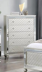 1pc Glam 5-Drawer Bedroom Chest Diamond Patterned Drawer Fronts Silver Finish