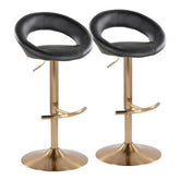 Posh Contemporary/Glam Adjustable Barstool with Swivel in Gold Metal and Black Faux Leather with Rounded T Footrest by LumiSource - Set of 2