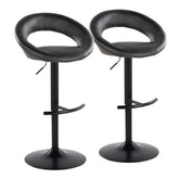 Posh Contemporary Adjustable Barstool with Swivel in Black Metal and Black Faux Leather with Rounded T Footrest by LumiSource - Set of 2