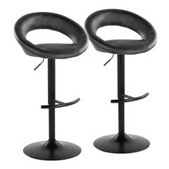 Posh Contemporary Adjustable Barstool with Swivel in Black Metal and Black Faux Leather with Rounded T Footrest by LumiSource - Set of 2