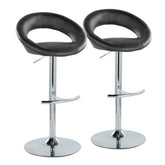 Posh Contemporary Adjustable Barstool with Swivel in Chrome Metal and Black Faux Leather with Rounded T Footrest by LumiSource - Set of 2
