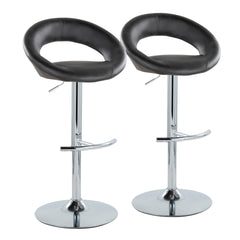 Posh Contemporary Adjustable Barstool with Swivel in Chrome Metal and Black Faux Leather with Rounded T Footrest by LumiSource - Set of 2