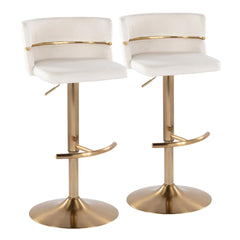Cinch Glam/Art Deco Adjustable Barstool with Swivel in Gold Metal and Cream Velvet with Rounded T Footrest by LumiSource - Set of 2