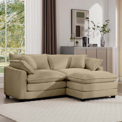 Corduroy Two-Seater Sofa with 1 Footrest, L-Shaped 2-Seater Sofa with Ottoman for Small Living Spaces, Tan Corduroy Sofa