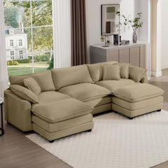 Oversized Modular Cushion Sofa, Portable Ottoman, L-Shaped Corner Low Back Deep Seating Spacious Sofa Set and Sofa Bed for Home Apartment Living Room Set, Tan Corduroy