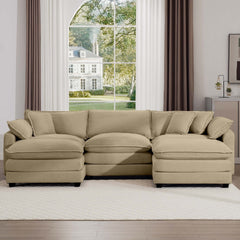 Oversized Modular Cushion Sofa, Portable Ottoman, L-Shaped Corner Low Back Deep Seating Spacious Sofa Set and Sofa Bed for Home Apartment Living Room Set, Tan Corduroy