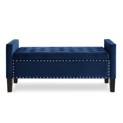 Upholstered Tufted Button Storage Bench with nails trim,Entryway Living Room Soft Padded Seat with Armrest,Bed Bench -Navy