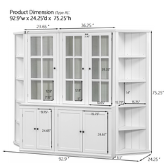 75.25'' Tall Display Cabinets and Two Triangle Sided Bookshelves, 92.9'' Wide Retro Style Wall Suit with Glass Doors, for Hallways, Living room, Office, Studio or Workspace - White