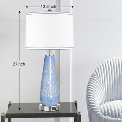 Modern Table Lamp Set of 2 Touch Control, 27" Tall Blue Art Ceramic Bedside Lamp with USB Ports, 3-Way Dimmable Hand Crafted Nightstand Lamps with White Shade for Living Room Bedroom Office