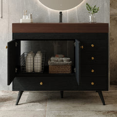 36" Freestanding Bathroom Vanity with Faux Marble Top, Ceramic Sink, 5 Drawers & Stainless Steel Legs