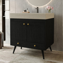 Contemporary Free-standing Bathroom Vanity with Faux Marble Top & Ceramic Sink, 30" Double Door Storage Cabinet, Waterproof Engineered Wood
